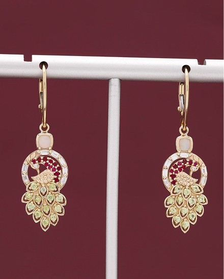 Peacock-inspired earrings with diamonds, rubies and peridots