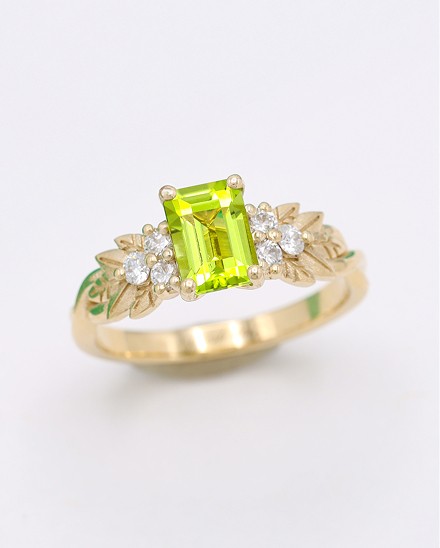 Emerald-cut peridot engagement ring